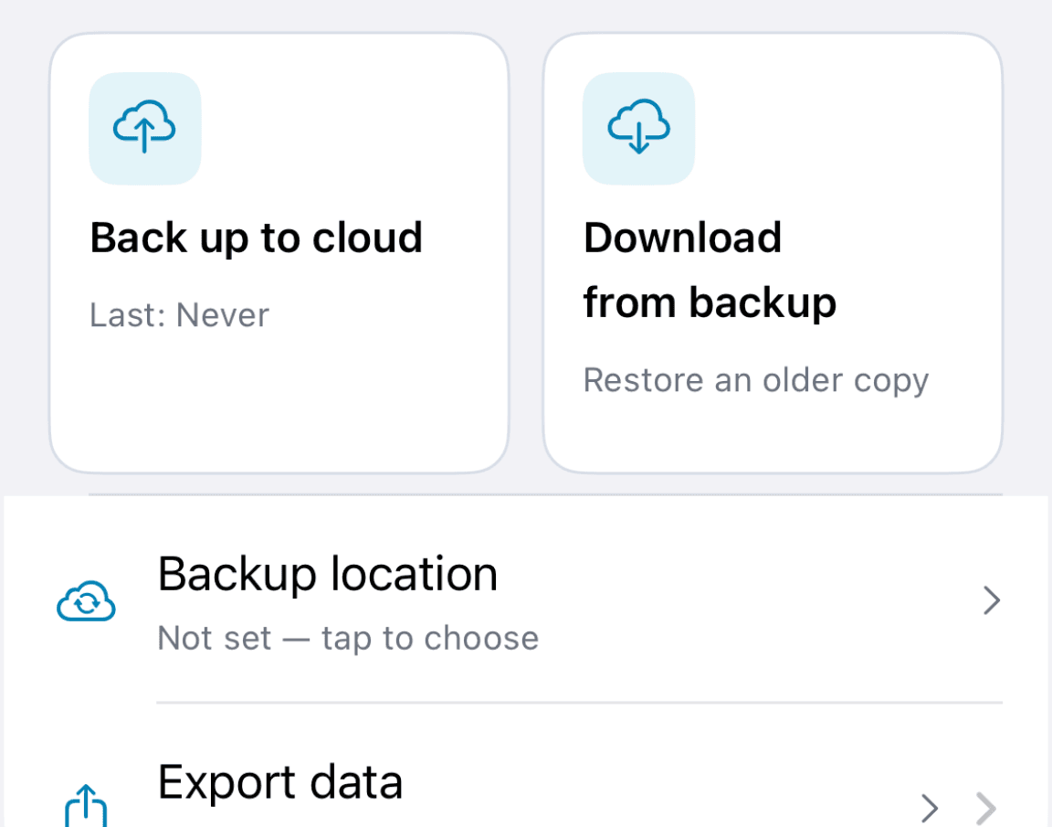 BusinessX backup and export screen
