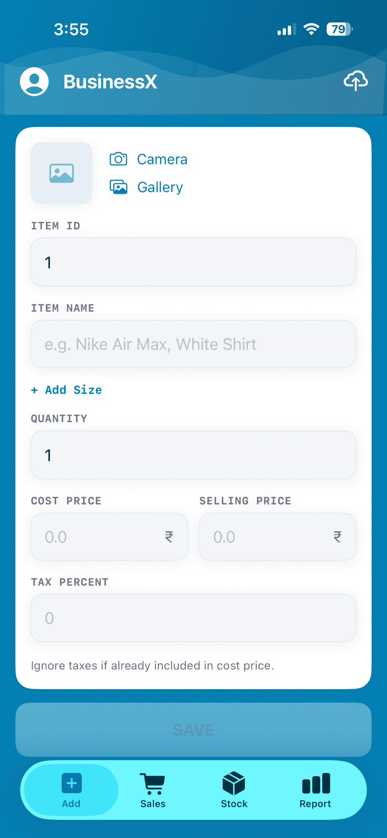 BusinessX add item screen with photo, cost and selling price