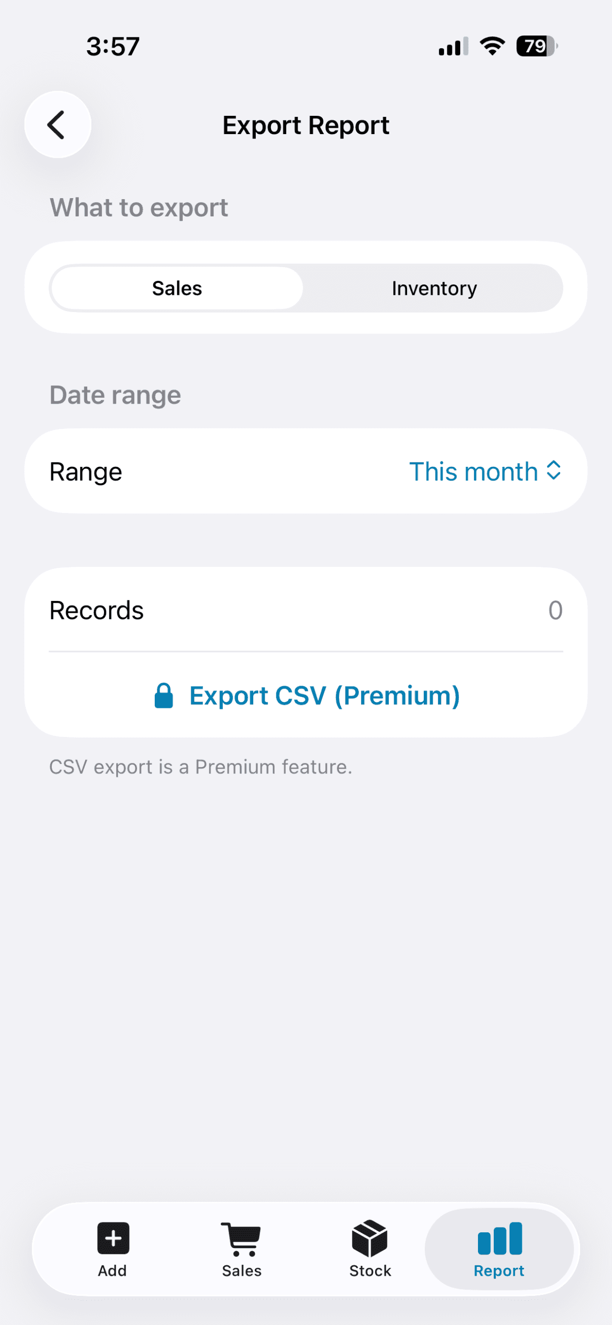 BusinessX export screen with sales and inventory CSV export
