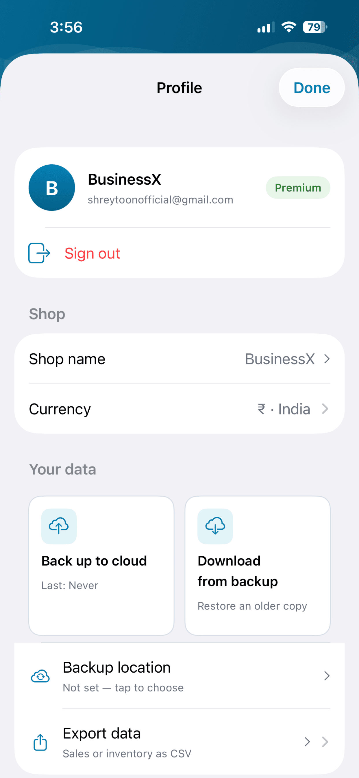 BusinessX profile screen with backup and export options
