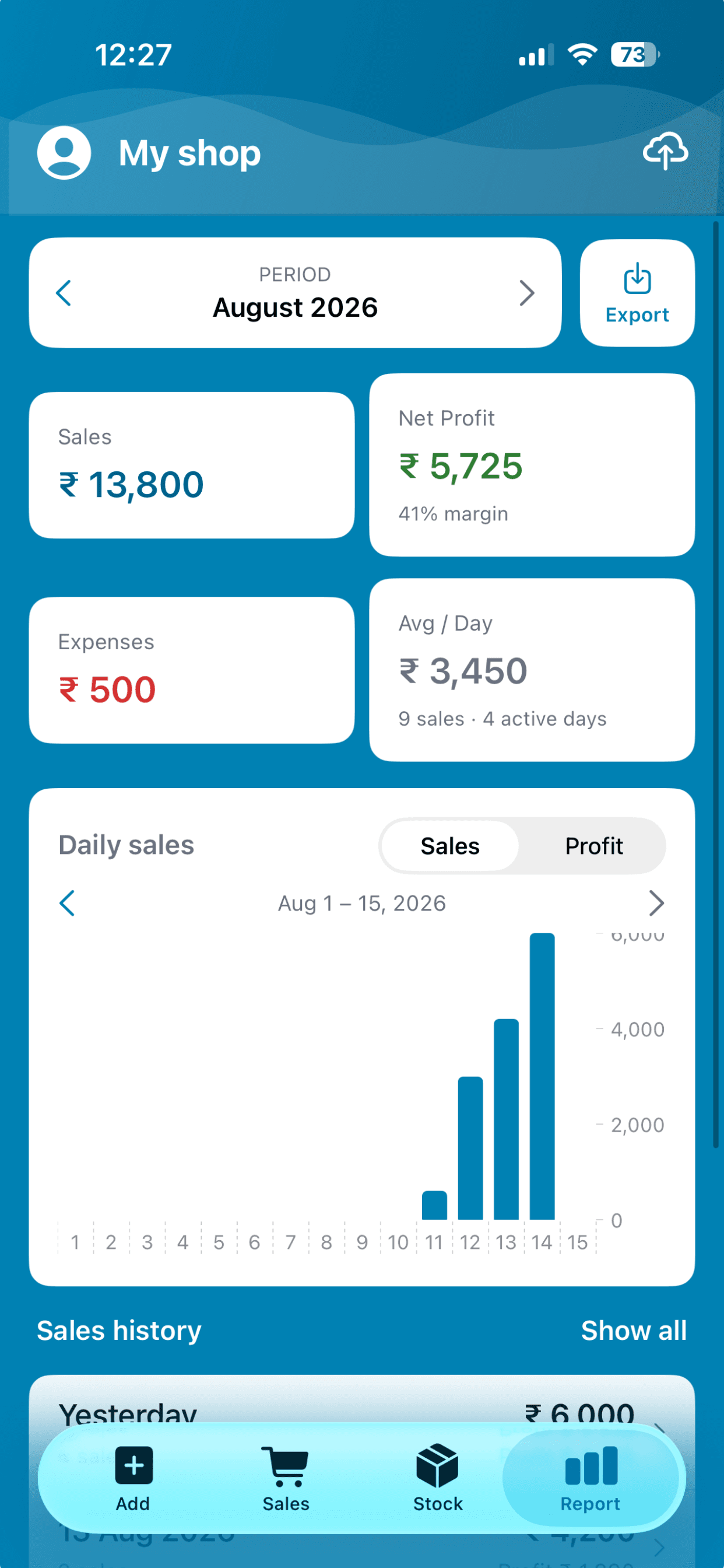 BusinessX report screen showing sales, net profit and margin